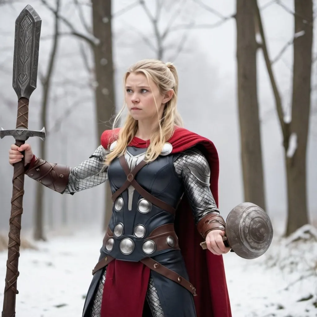 Prompt: je cherche à créer une guerrière viking blonde fille de Thor son arme un gode michet d'invocation forgé dans le même métal que le marteau de Thor en arrière plan une forêt enneigée quelque mini gode sur son armure 
de face 
