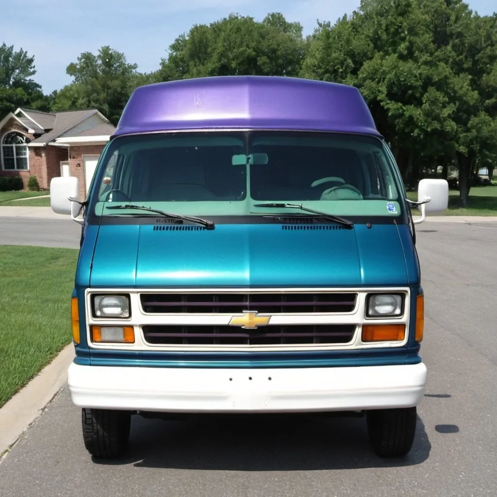 Prompt: 1996 chevrolet chevy van is a purple-blue-green-orange 