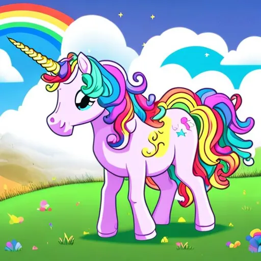 Prompt: a unicorn, with one gold horn, a rainbow colored mane, on a grassy hill, in cartoon style.