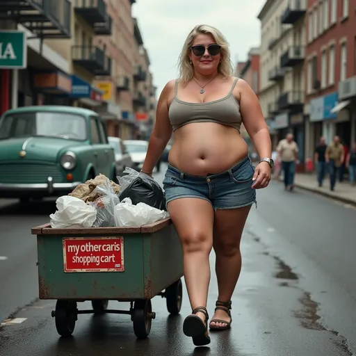 Prompt: (photorealistic) scene of a strutting middle age fat ho, wearing a tiny skirt and tube top and to much makeup, she is pulling  a wagon full of garbage, (charming detail of a bumper sticker that says "my other car is a shopping cart"), gritty urban background, (vibrant colors, deep contrasts), conveying morbid Humor (depth of field, HD).