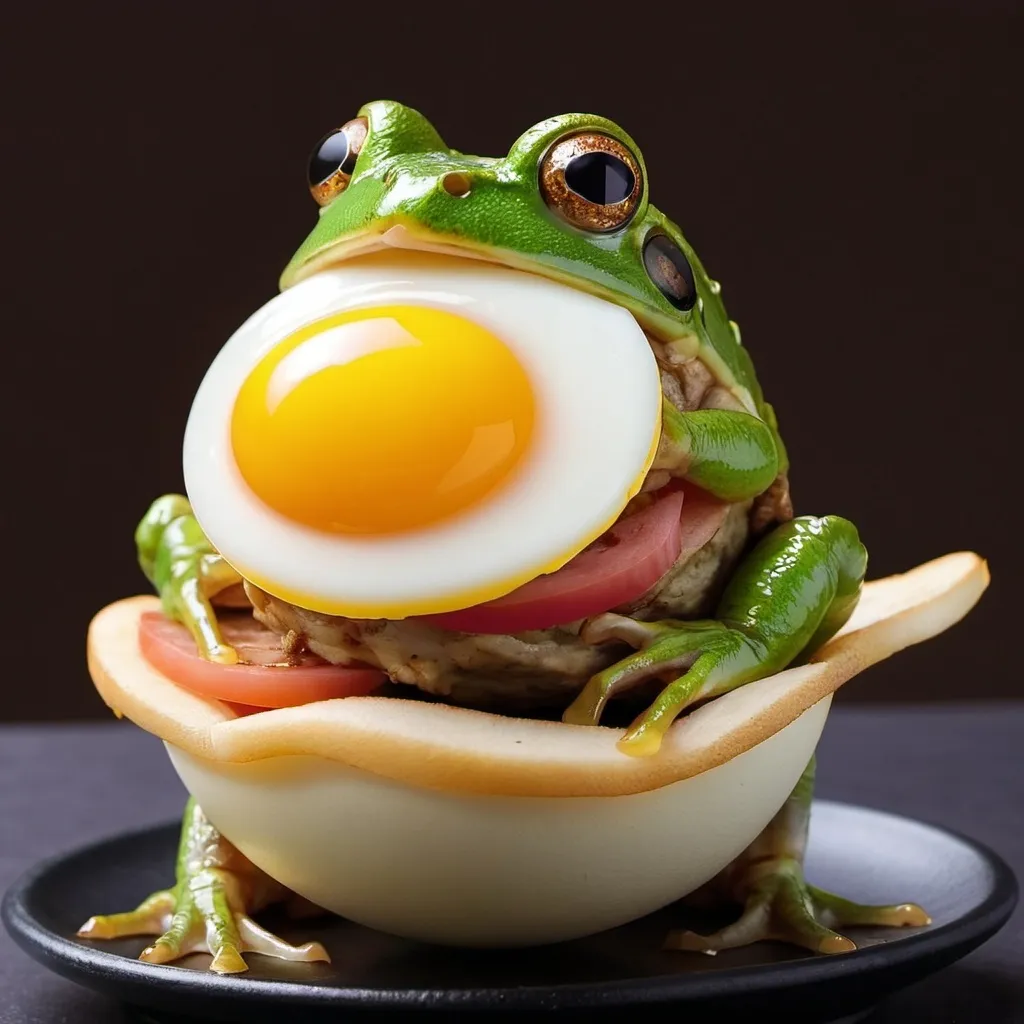 Prompt: egg  in frog behind kebab kawai