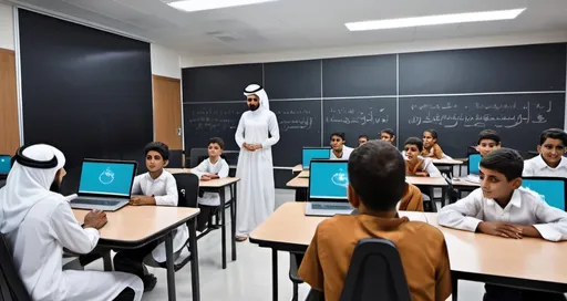 Prompt: Educational scene featuring a dedicated teacher enlightening students in a modern classroom, large distributed lighting, 5 students, desks, chairs, laptops, interactive whiteboard, robots, Omani Teacher's Day, technology, interactive, enlightening, modern classroom, educational, professional, futuristic lighting, dedicated teacher, community-oriented, bright future, enriching generations