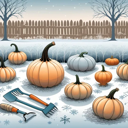 Prompt: January: Winter Squash
Foreground: Butternut squashes and pumpkins resting on frosty soil, with subtle ice crystals forming on their edges. Include winter gardening tools like a spade or seed catalog beside them.
Background: Muted beige or frosty light blue gradient.
Accents: Delicate vectorized snowflakes and garden fence silhouettes.