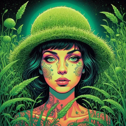 Prompt: hypnotic illustration of the smell of cut grass. Psychedelic art by chuck sperry, pop surrealism, dark glow, neon paint, mystical, Behance.
