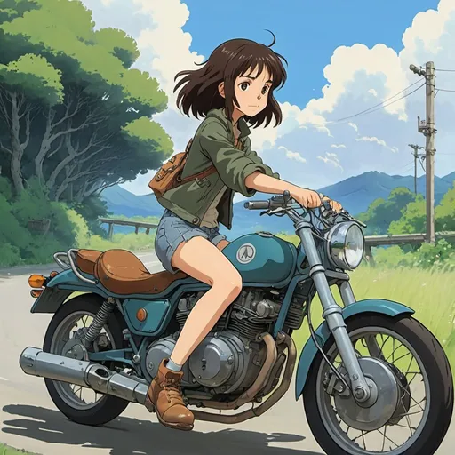 Prompt: 2d studio ghibli anime style, girl on motorcycle, anime scene