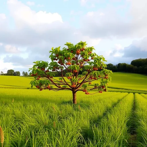 Prompt: chestnut tree in green field