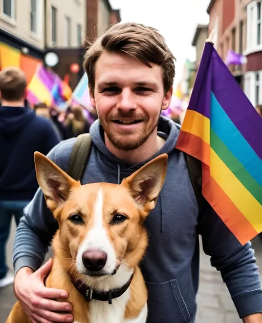 Prompt: (Paul with his dog), vibrant LGBTQ flags waving in the background, lively atmosphere, diverse crowd, passionate expressions, strong sense of community, bright colors, captivating details of supportive banners and posters, sense of empowerment and joy, high-definition, (4K) ultra-detailed scene, vivid lighting that enhances the festive ambiance, celebration of love and acceptance. Create the pictures out of the image I gave you. Use the exact faces you see there