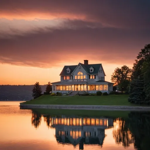 Prompt: A big house by the lake sunset