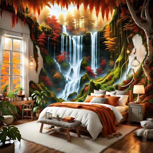 Prompt: A beautiful bright bedroom. All walls are painted to depict deep vibrant autumn forests and waterfalls, the room drowns in ferns and gnarly autumn trees. A dreamy room with a large bed and plenty of cozy pillows, a rocking chair next to the bed, and a beautiful decoration made from corkscrew hazelnut branches hanging from the ceiling. Lots of indoor plants. Vibrant colors, dreamy atmosphere, watercolor and ink, crisp quality