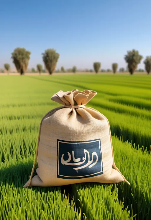 Prompt: An image of a burlap rice sack with برنج ملیکا written in elegant, bold Persian font. The sack is placed in a lush, green rice field under a clear blue sky. The rice plants around the sack are vibrant and healthy, with golden grains ripening. Soft natural sunlight is illuminating the scene, casting a warm and inviting glow on the sack. The focus is on the bag, with the peaceful and natural backdrop emphasizing the freshness and quality of the rice. The scene conveys a sense of nature, purity, and premium quality.”
An image of a burlap rice sack with the label ‘برنج ملیکا’ in large, bold Persian text clearly visible on the front of the sack.”