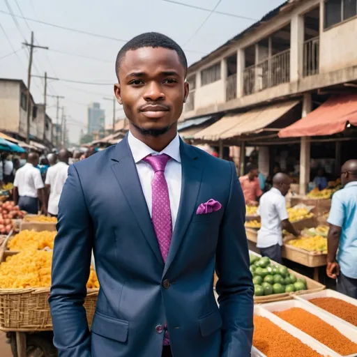 Prompt: Create an image of Emeka, a young entrepreneur, standing proudly in front of his modern office building. In the background, show a bustling street market in Lagos where he once worked as a snack vendor. Emeka is dressed in a sharp business suit, holding a briefcase, symbolizing his journey from street vendor to successful business magnate. His expression is one of determination and pride, reflecting his hard-earned success.