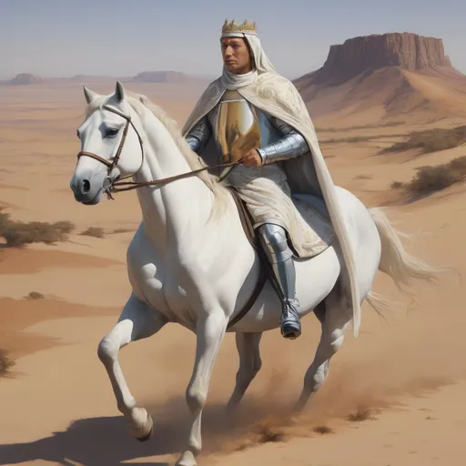 Prompt: Baldwin the forth (kingdom of heaven design) in desert apon a white horse.