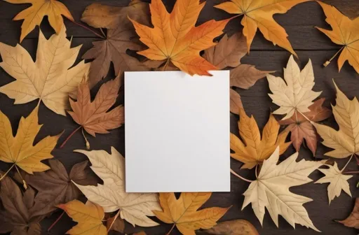 Prompt: A white postcard that lies on many maple leaves in a realistic style