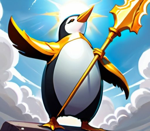 Prompt: angelic white Penguin god, bright clouds, sun, wielding a golden spear, magic: the gathering art style, clouds in background,