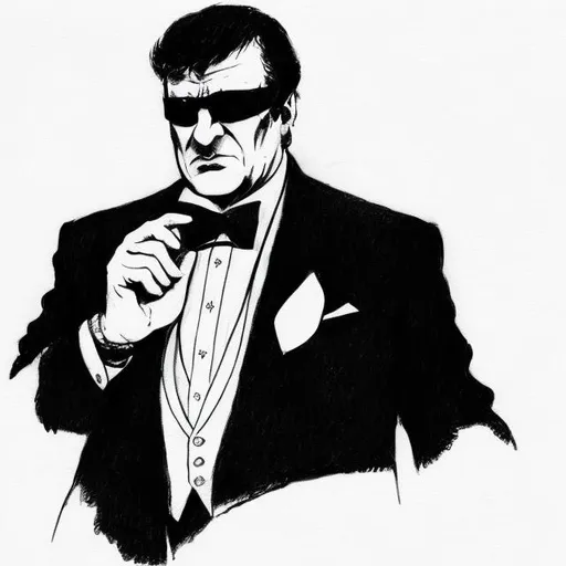 Prompt: Noire style mafia boss in a pimp suit drawn in a similar art style as magic the gathering, using strictly, blacks, and whites. 