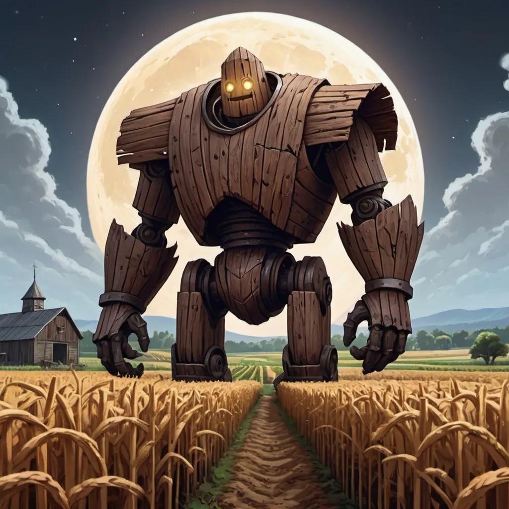 Prompt: farm, wooden golem made from a barn, moon in background, crop field in background, Magic: The Gathering art style, Building