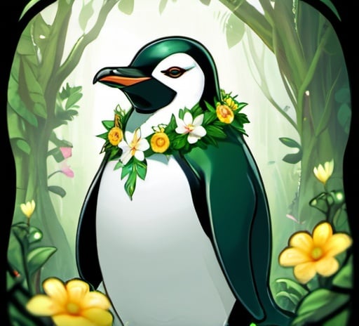 Prompt: Floral green female Penguin god, enchanted forest, flowers, vines, overgrown, vegetation