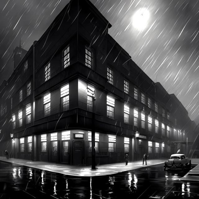 Prompt: 1950’s, police station, noire style, black and white, rain, Magic: The Gathering art style, Building