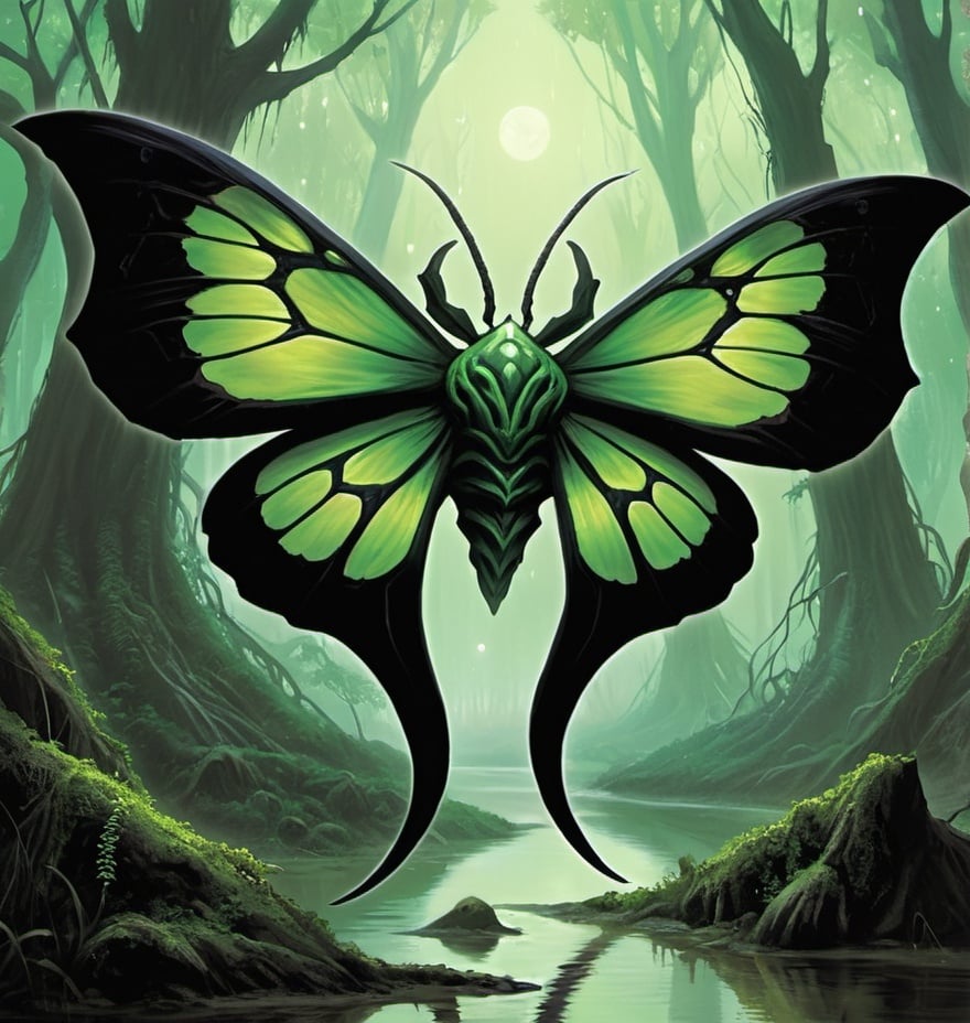 Prompt: green and black eldrazi sliver moth, magic the gathering card art, swamp, uranium moth