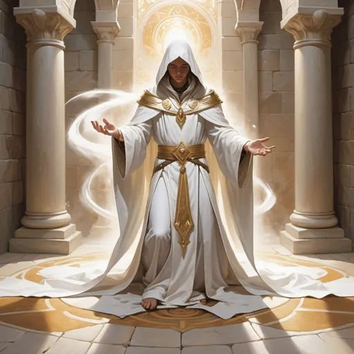 Prompt: a white robed figure preforming a virtuous ritual on the floor, stone floor and walls, whites, magic the gathering card art
