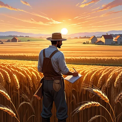 Prompt: Farmer, Human, Doing work, sunrise in background, wheat field in background, magic the gathering art style