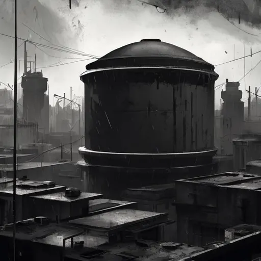 Prompt: 1950’s, roof top water tank, noire style, black and white, rain, Magic: The Gathering art style, Building, city