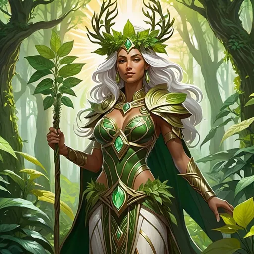 Prompt: female druidic god dressed in plants, forest, sun, Selesnya Enclave, greens and whites, magic the gathering art style