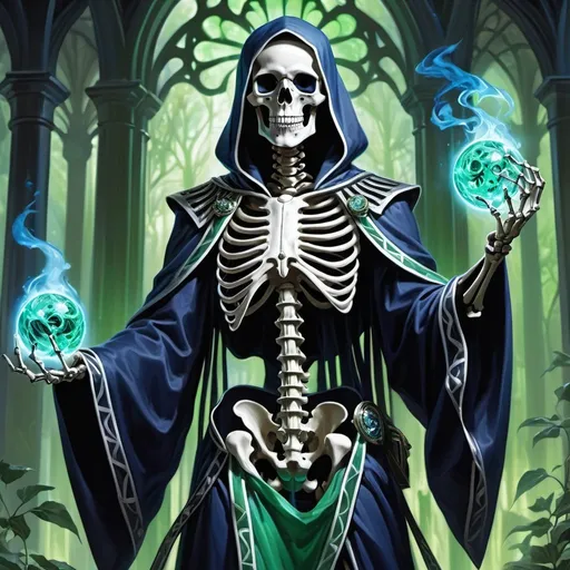 Prompt: Skeleton with glowing blue eyes in navy blue robes reanimating a skeleton, black whites and greens, magic the gathering card art, 
