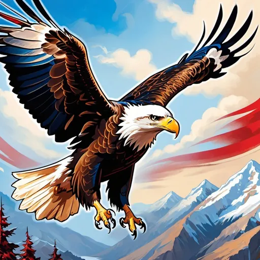 Prompt: Bald eagle flying, USA imagry and symbolism in the background, whites blues and red, art style like Magic: The Gathering card art
