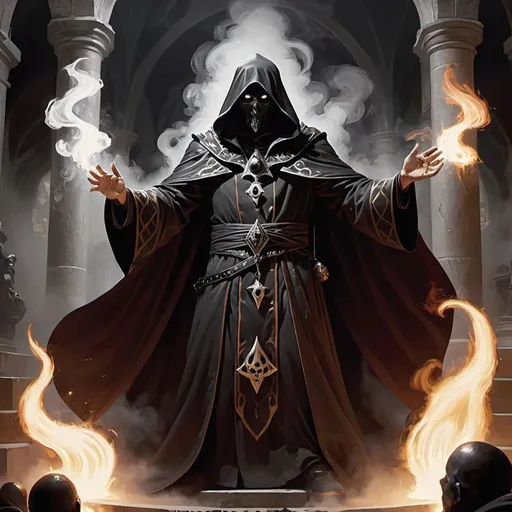 Prompt: an insane robed cultist preforming the dark arts, surrounded by black smoke, catacomb room, blacks and whites, blood, magic the gathering card art