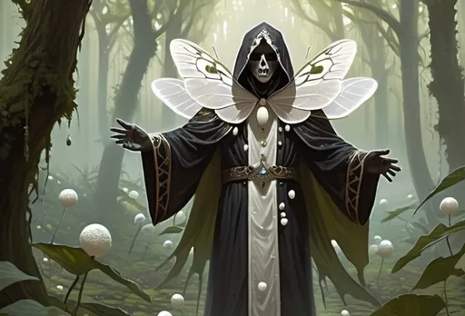 Prompt: a living corpse in cultist robes covered in small white moth eggs, magical, swamp, magic the gathering card art,