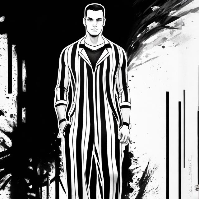 Prompt: American criminal in striped jumpsuit drawn using blacks and whites and in the magic the gathering art style. 