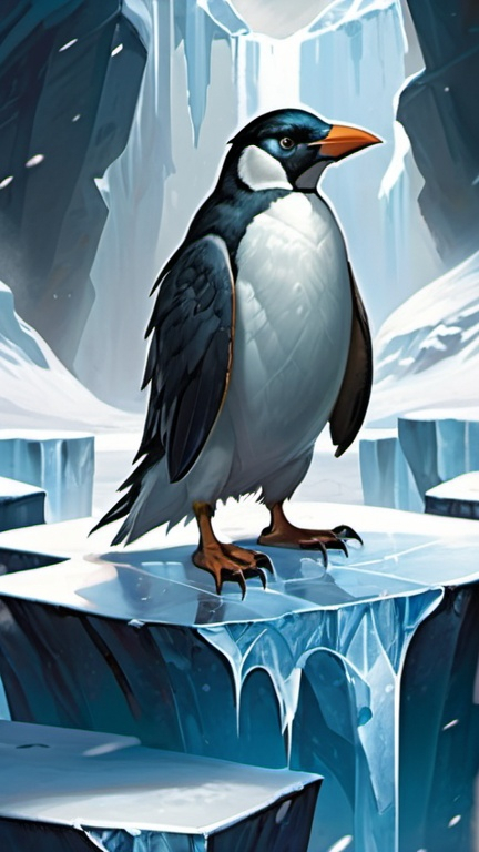 Prompt: Penguin standing on a slab of ice, Magic: The Gathering Art-style,