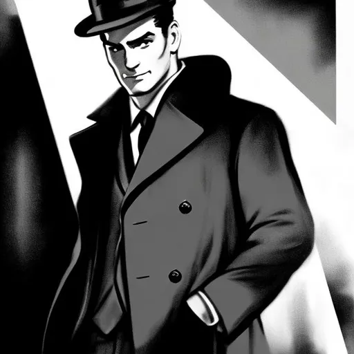 Prompt: 1950’s American detective drawn using blacks and whites and in the magic the gathering art style. Man, Longcoat,