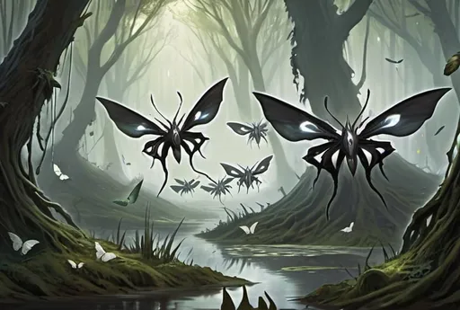 Prompt: a swarm of small eldrazi sliver moths, magic the gathering card art, swamp,