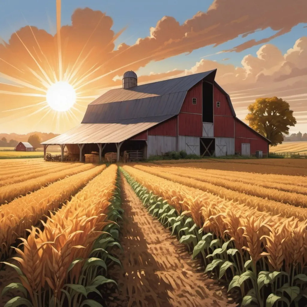 Prompt: farm, barn, sun in background, crop field in background, Magic: The Gathering art style, Building