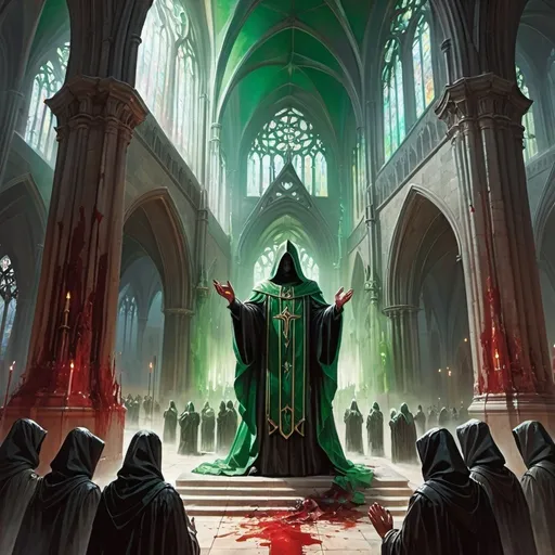 Prompt: A haunting cathedral filled with a cult in green and black robes praying to a stone statue covered in blood, magic the gathering card art