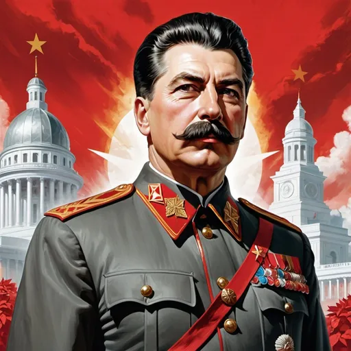Prompt: Joseph Stalin standing proud, communist symbolism in the background, red blacks and whites, Magic: the Gathering card art.
