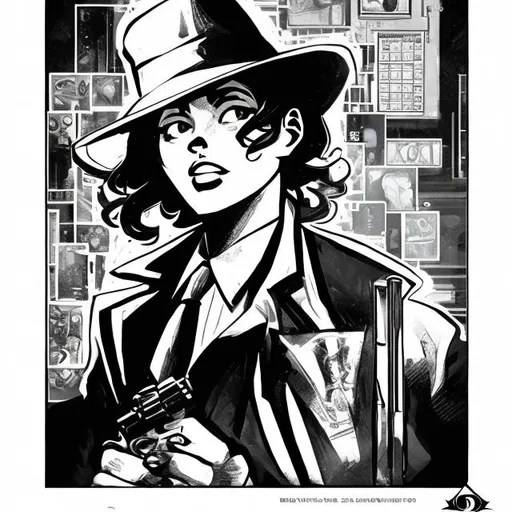 Prompt: Noire detective drawn in a similar art style as magic the gathering, using strictly blues, blacks, and whites. 