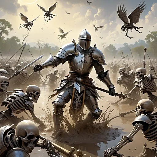 Prompt: Knight getting grabbed by a swarm of skeletons rising from the mud, swamp, magic the gathering card art, 