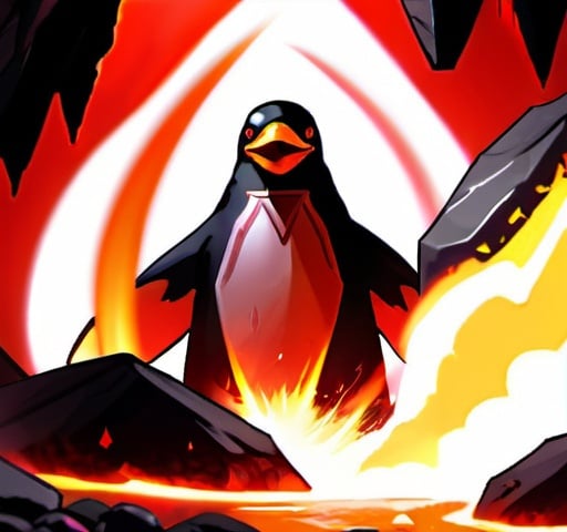 Prompt: volcanic red Penguin god, ashy volcanic cavern, gems, lava, crystals, smoke, open cavern, magic: the gathering art style