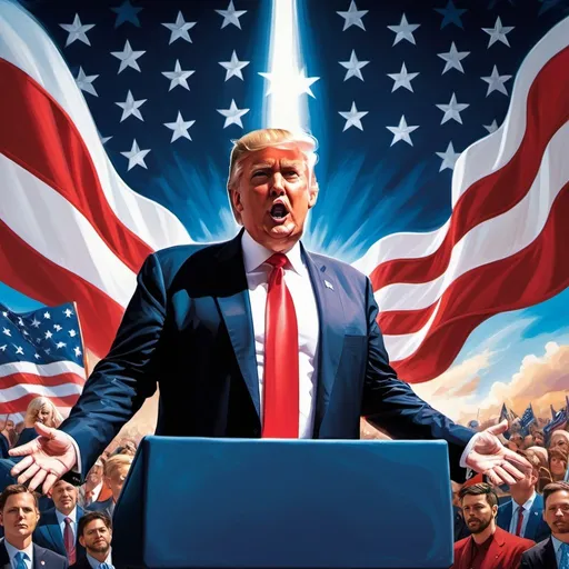 Prompt: Donald trump in his famous “build a wall” speech, America Symbolism, red whites and blues, Magic the gathering art style