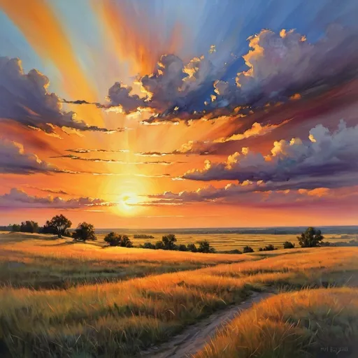 Prompt: sunset overlooking a prairie, art, landscape,
