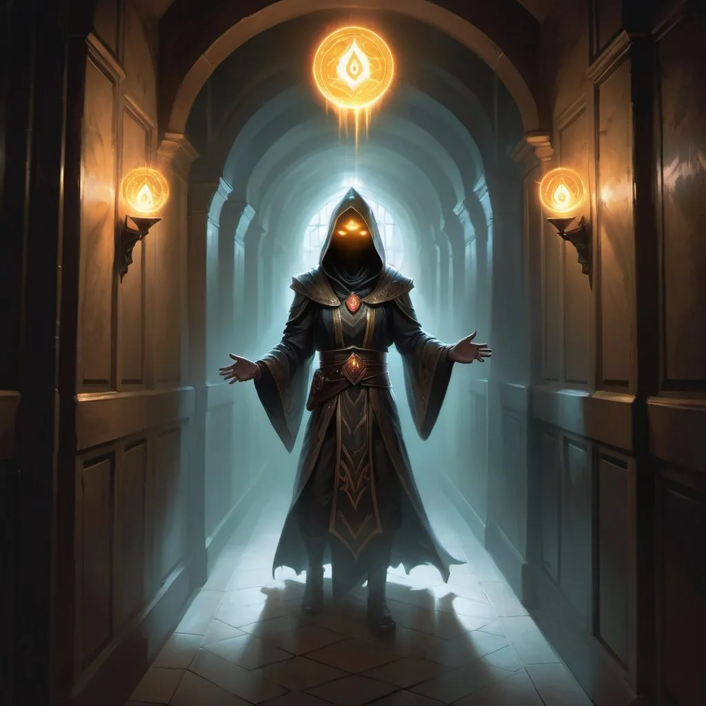 Prompt: glowing eyes and smile coming from a dark hallway, obscured, magic the gathering card art