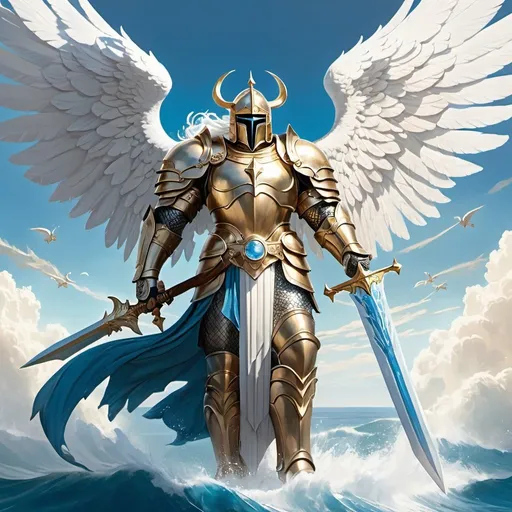 Prompt: god in big bulky armor floating with angelic wings holding a great sword, whites and blues, ocean in background, Azorius, magic the gathering art style