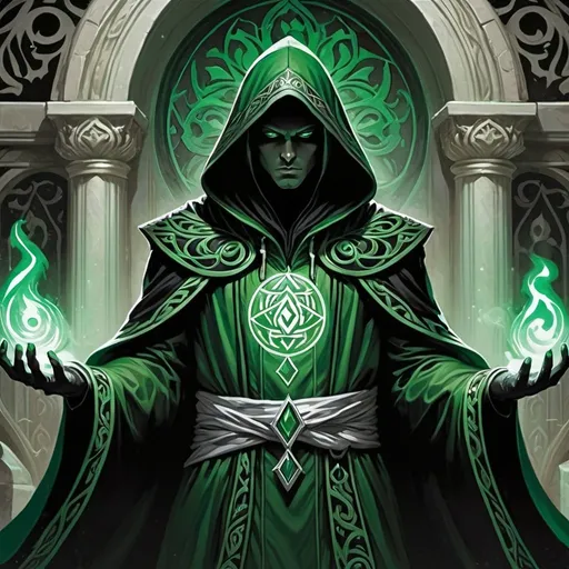 Prompt: a hooded figure in ornate green and black cultist robes and a shadowed face, white and black stone background, whites blacks and greens, magic the gathering card art