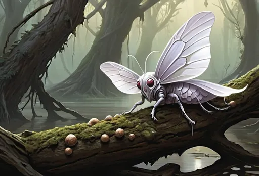 Prompt: small young spawn of Eldrazi Sliver Moth, sitting on fallen tree, swamps, moth eggs, magic the gathering card art,