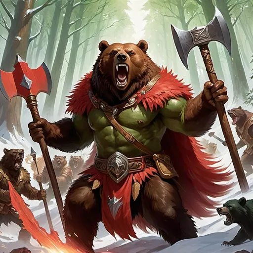 Prompt: God of rage and beasts wearing a bear pelt and holding a war-axe while shouting, Gruul, reds and greens, Magic the gathering card art. 