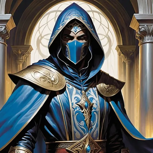 Prompt: non-human masked and hooded God of secrecy and assassins, Dimir, blacks and blues, , Magic the gathering card art. 