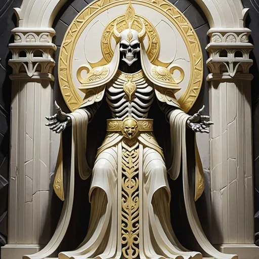 Prompt: drawing of a wall carving of an Evil God of wealth that looks like a skeletal ghost, magic the gathering card art, Orzhov Syndicate, whites blacks and faint yellows,